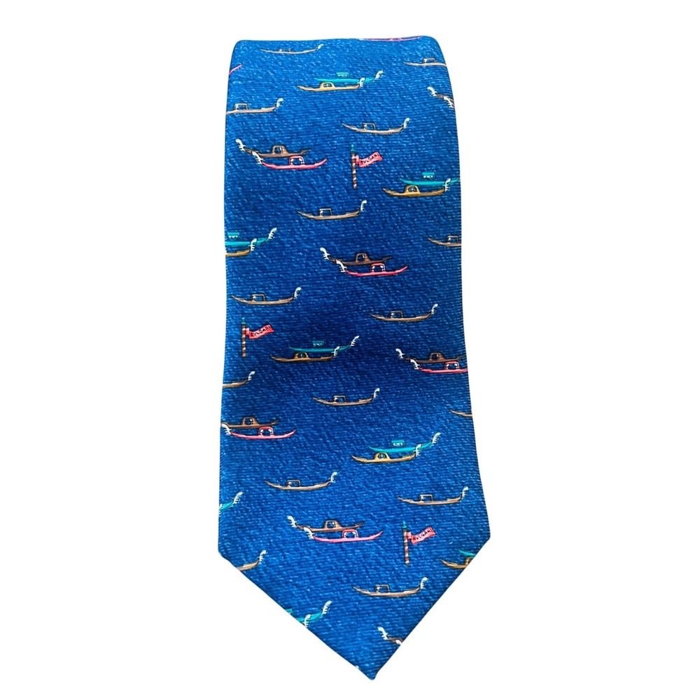 Bvlgari Silk Tie Blue Gondola Boat Nautical Novelty Print Made in Italy Designer